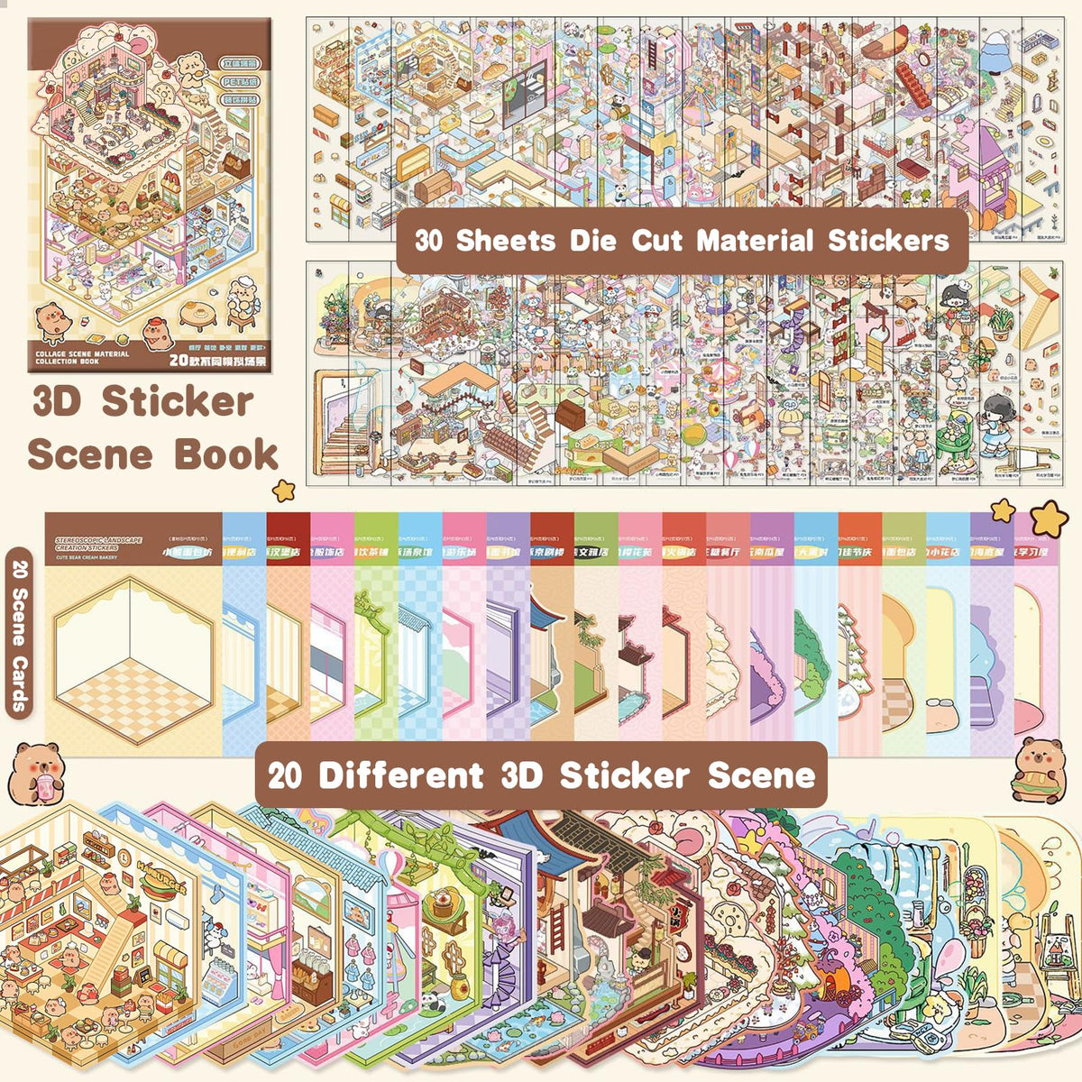 20 Sets DIY 3D Sticker Scene Book for Kids Adults Cozy Room Sticker Therapy | Cute Make Your Own Mini House Miniature Scene Stickers, Gifts for Adult Relief Stress Pass The Time, Hamburg Castle Library