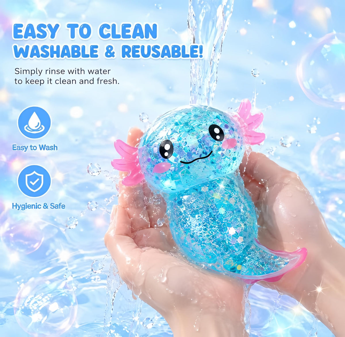 2PCS Axolotl Squishy Stress Relief Toy,Glitter Fidget Squishy Toys,Cute Axolotls Squeeze Toys, Fidget Toys for Adults,Party Favors (Blue+Pink Axolotl)