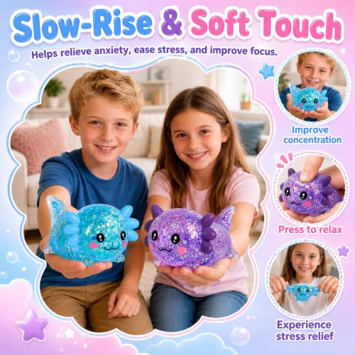 2 Packs Axolotl Squishy Toy, Glitter Fidget Toys Cute Axolotl Stress Relief Squeeze Toy Gifts for Kids Adult, Squishies Toys (pabluepurple)