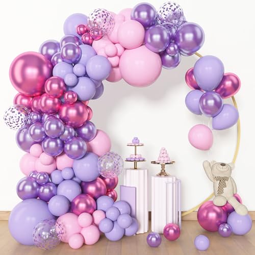 Amandir 153pcs Pink Purple Balloon Garland Arch Kit Different Sizes | 18 12 10 5 inch Pink Purple Red Latex Metallic Confetti Balloons for K pop Music Birthday Bridal Baby Shower Party Decoration