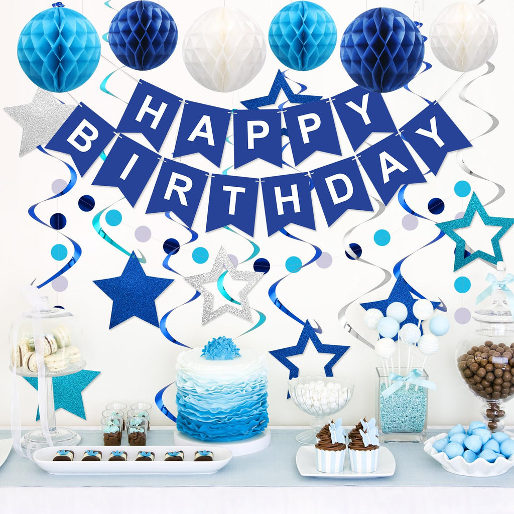 meowtastic Birthday Decorations Happy Birthday Banner with Honeycomb Balls | 16pcs Birthday Set: 1 Banner+6 Honeycomb Balls+8 Star Spirals+1 Circle Dots, Happy Birthday Decor - Blue