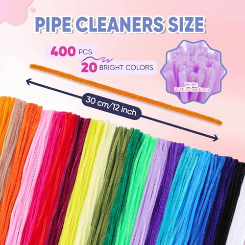400 PCS Pipe Cleaners Bulk, 20 Colors Chenille Stems Pipe Cleaners Craft | Pipe Cleaners for Crafts, Flowers, Art Projects, DIY Room Decor, Christmas Decorations