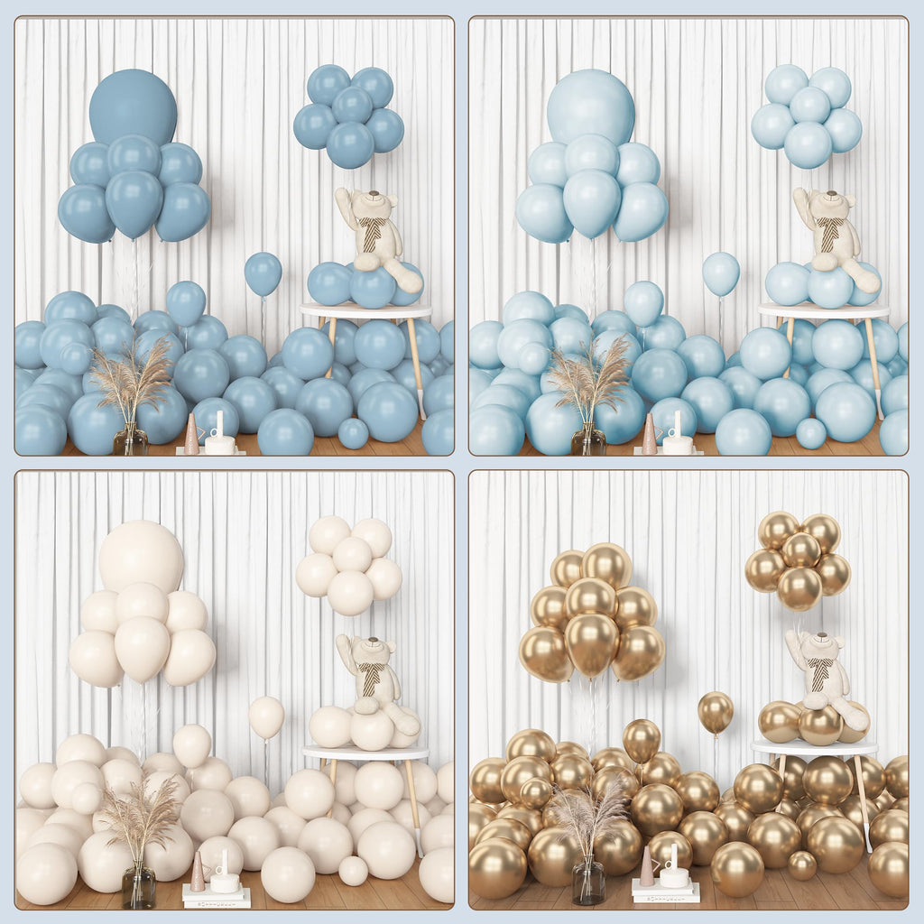 Amandir 153pcs Dusty Blue Balloon Garland Arch Kit Different Sizes | 18 12 10 5inch Blue White Sand Latex Metallic Confetti Gold Balloons Baptism Birthday Boho Shower Party Decoration Supplies