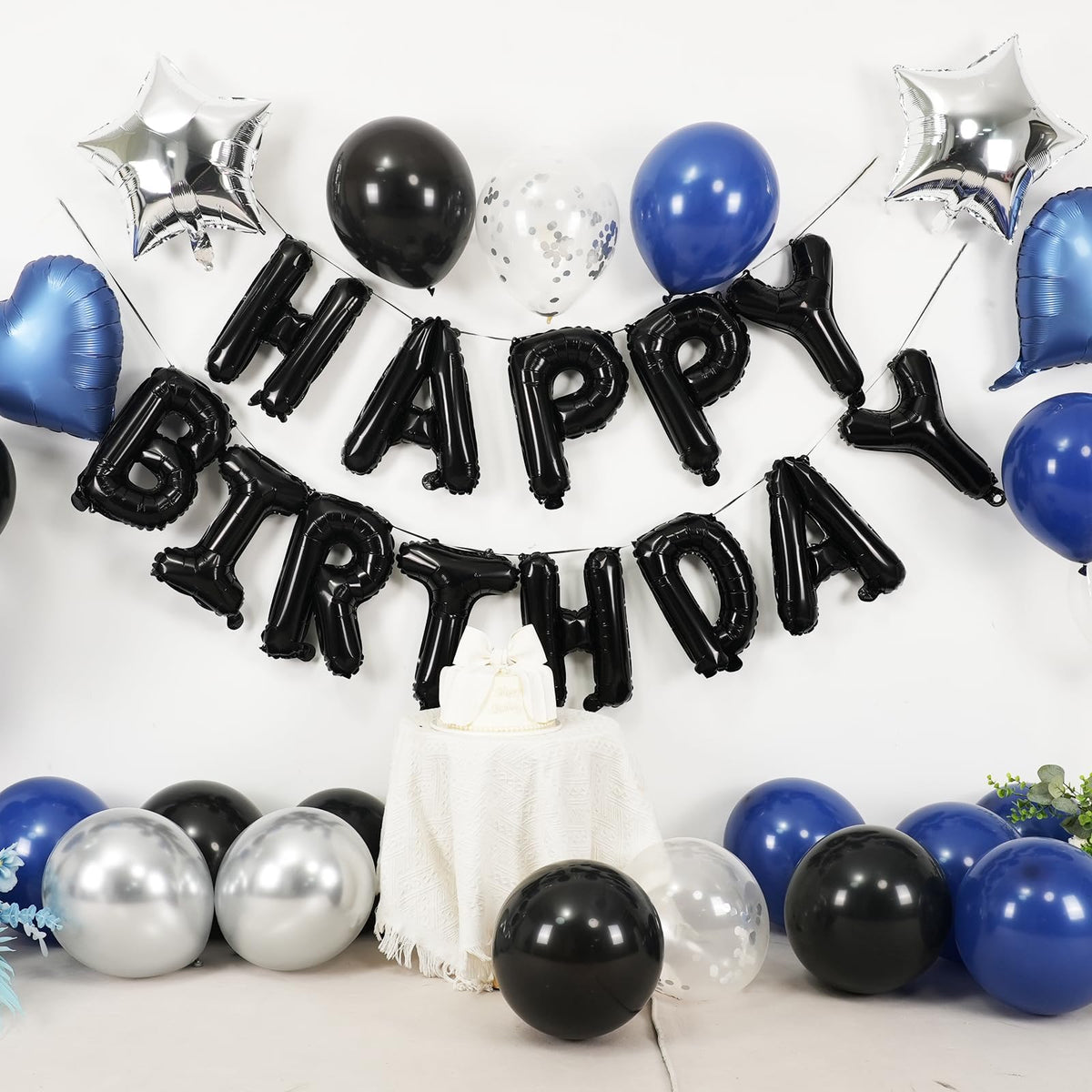 Navy Blue and Black Birthday Decorations for Men Happy Birthday Banner | Blue Black and Silver Confetti Balloons Happy Birthday Decorations for Men Boys Party Decor
