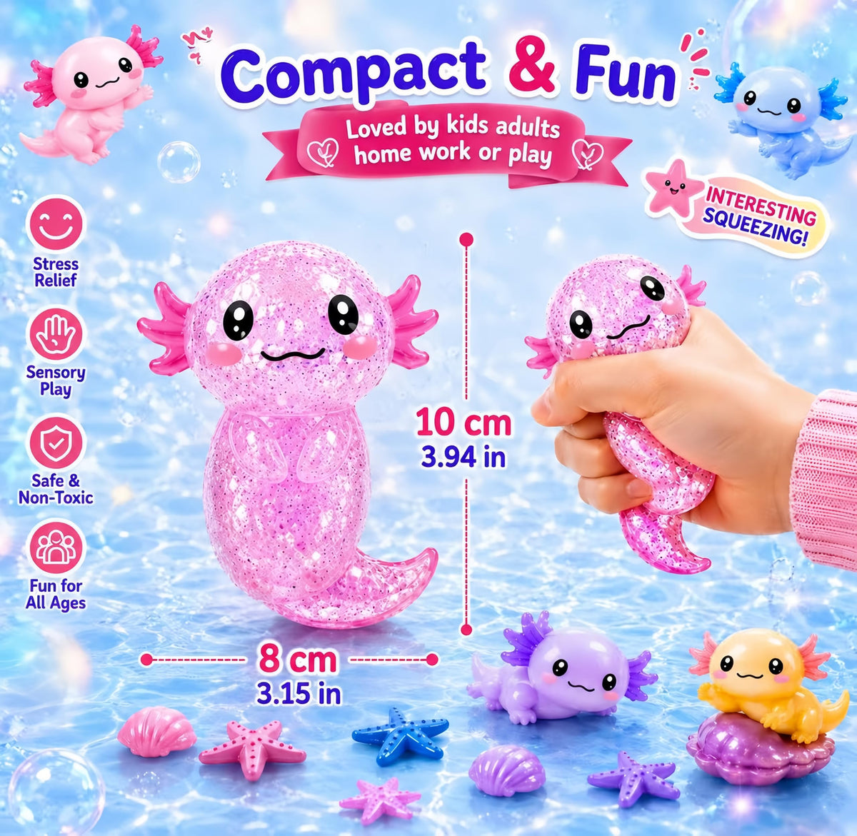 2PCS Axolotl Squishy Stress Relief Toy,Glitter Fidget Squishy Toys,Cute Axolotls Squeeze Toys, Fidget Toys for Adults,Party Favors (Blue+Pink Axolotl)