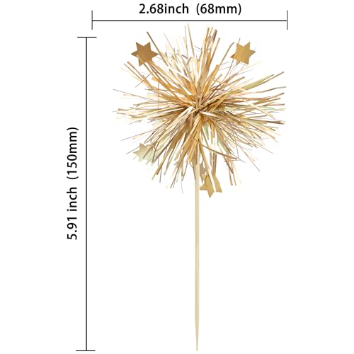 Gyufise 30Pcs Foil Firework Cupcake Toppers Happy Birthday Cake Toppers Sparkle Tinsel Flower Drink Stirrers Cocktail Food Fruit Toothpicks for Valentine's Day Party Supplies Gold