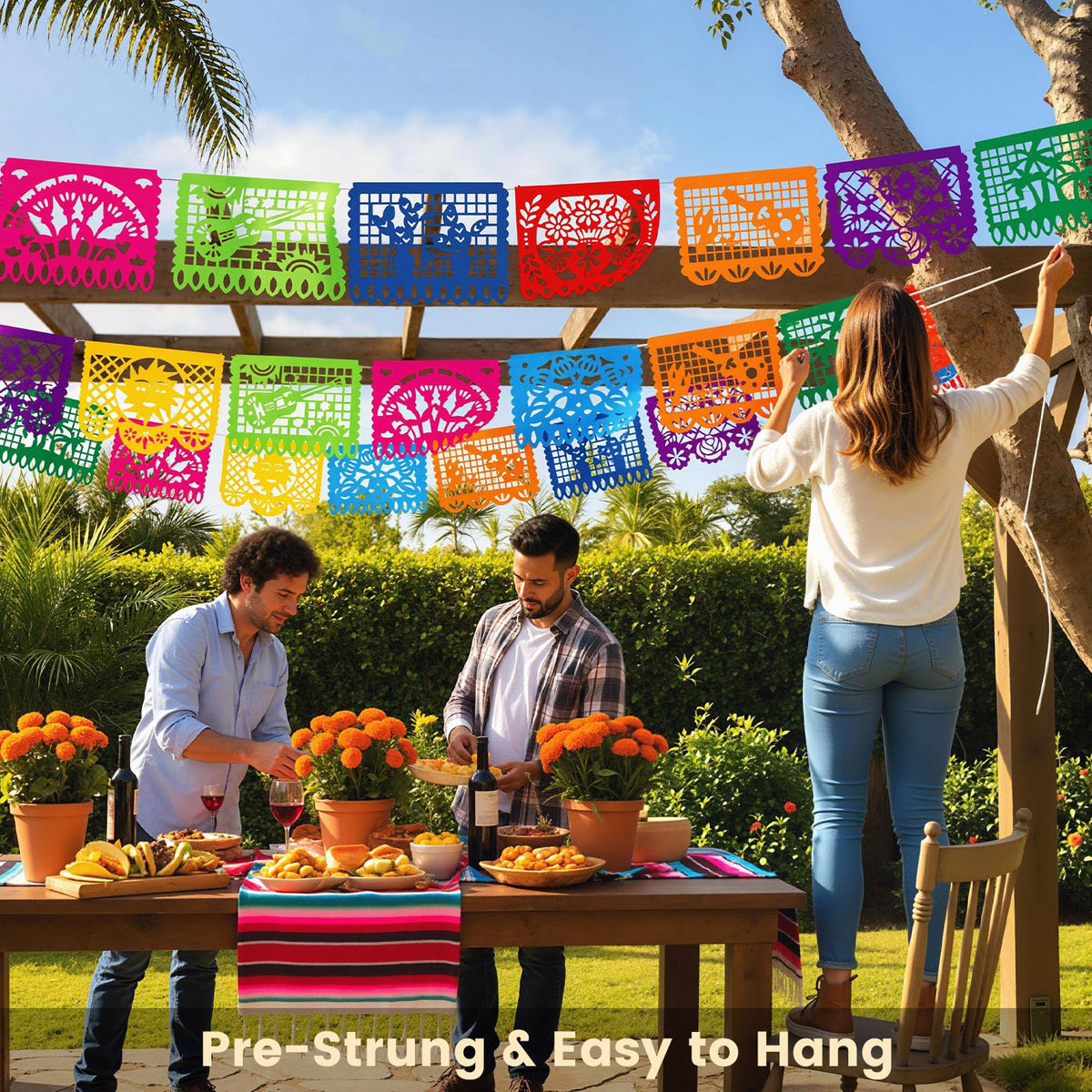DOMESTAR Mexican Party Decoration, 18 FT Plastic Papel Picado Fiesta Banner | Day of the Dead Dia De Los Muertos Garland for Mexican, Birthday Fiesta Party Supplies, Cinco De Mayo Decoration