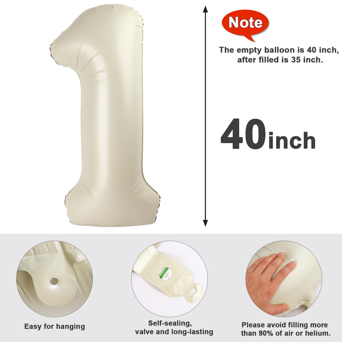 Number Balloons 1st Birthday Decorations, 40In Cream 1 Balloon for Women | Eye-catching Appearance, Perfect Decorative Centerpieces, Convenient Self-sealing Structure, Widely for Various Occasions