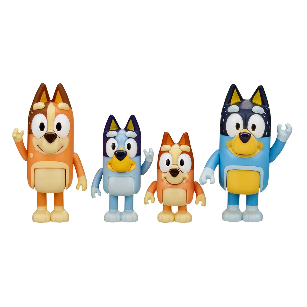 Bluey Family Figure 4-Pack, Poseable Toys with Bingo & Bandit | Movable arms & legs, portable size for on-the-go play; toddler figurine toys for kids ages 3+, thoughtful gift