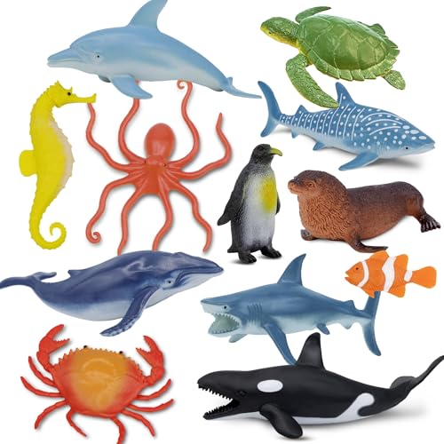 Beetots Ocean Sea Life Toy Figures Set for Kids, 12 PCS Realistic Marine Animals with Shark, Dolphin, Sea Turtle, Penguin, Seal, Clownfish, Crab, Ocean Animal Figure Toys for Boys Girls Toddlers