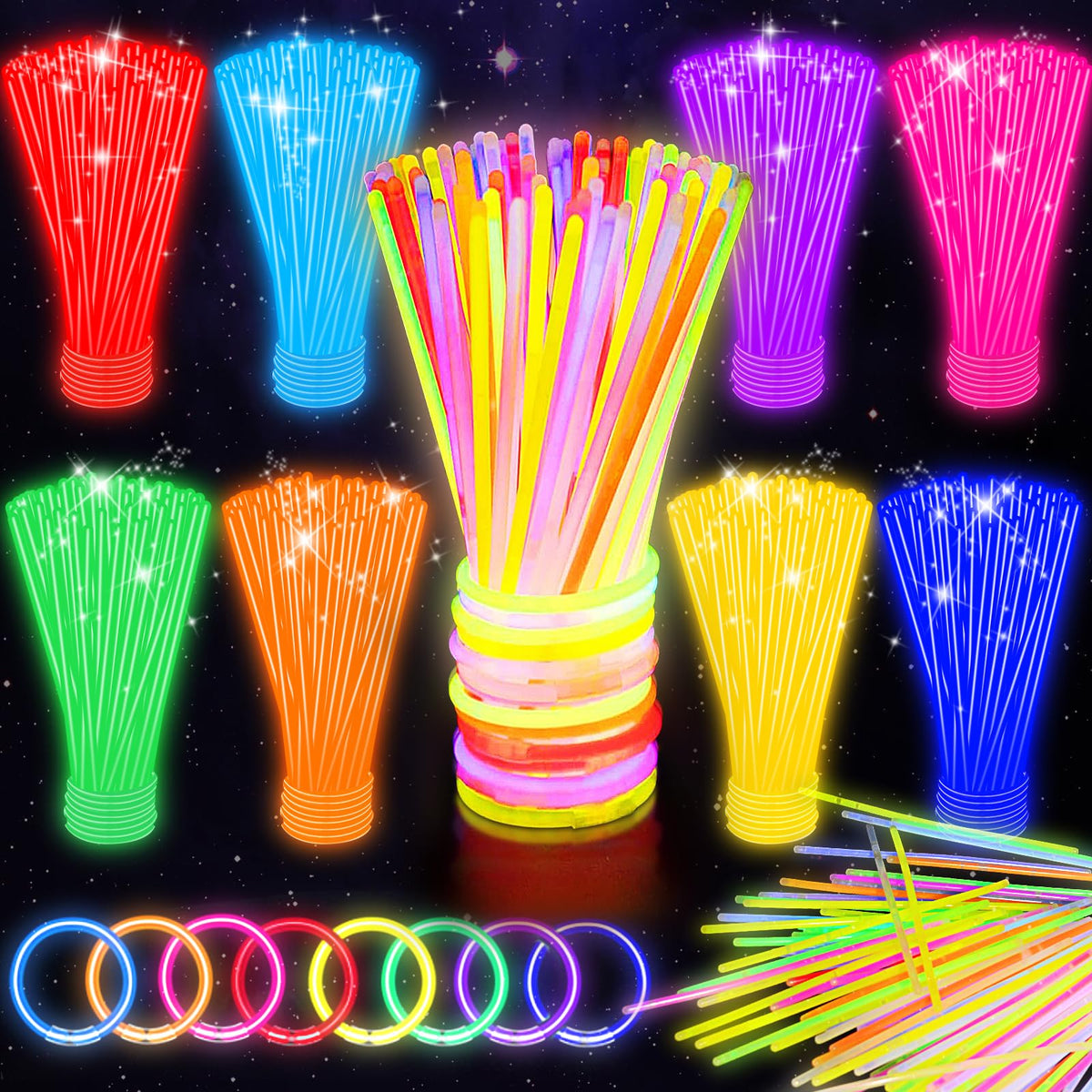 SHQDD 100 Glow Sticks Bulk Party Pack, 8” Neon Halloween Glow Sticks, DIY Glowsticks with Connectors Bracelets & Necklaces, Glow in the Dark Party Supplies for Kids, Adults, Parties
