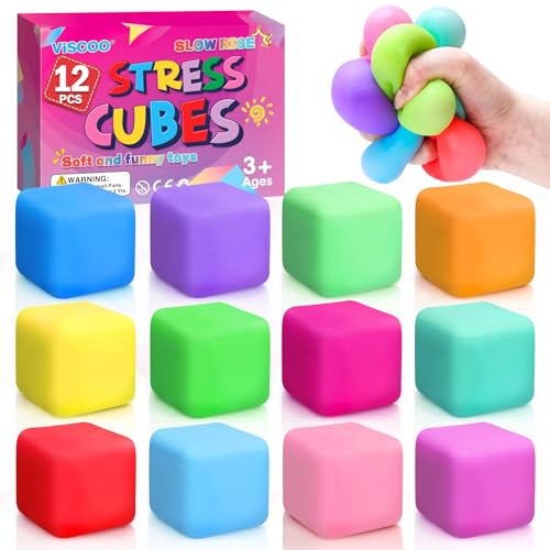 VISCOO 12 Pack Slow Rising Stress Cube, Stress Balls Fidget Squishy Toys | Squeeze Toy for Anxiety Relief, Pull Stretch Squishy Ball for Classroom Prize, Party Favors for Kids Adults