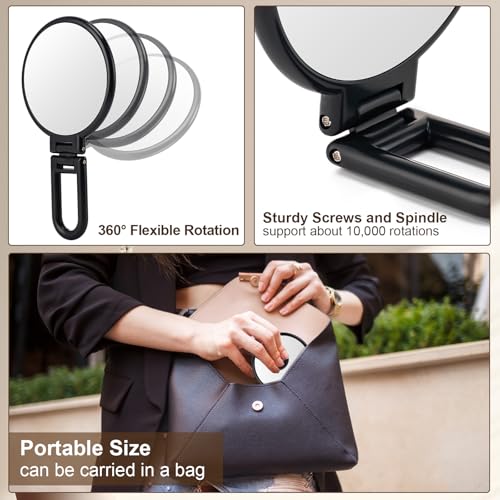 10X Magnifying Mirror, Double Side Handheld Mirror, Travel Makeup Mirror | 1X/10X Magnification, Adjustable Rotation Handle/Stand, Portable Foldable Hand Mirror, Travel Essential, Black