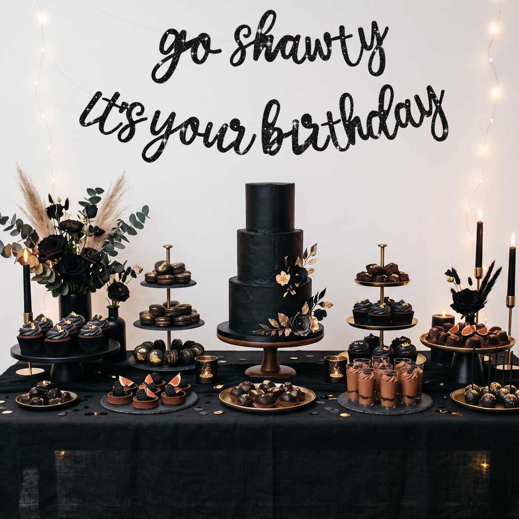 BEISHIDA Glitter Black Pre-Strung Go Shawty It's Your Birthday Banner Decor | NO DIY,birthday decorations for women,Hip Hop Rap Theme Sign,Happy Birthday Banner,Rap Theme Happy Birthday Sign