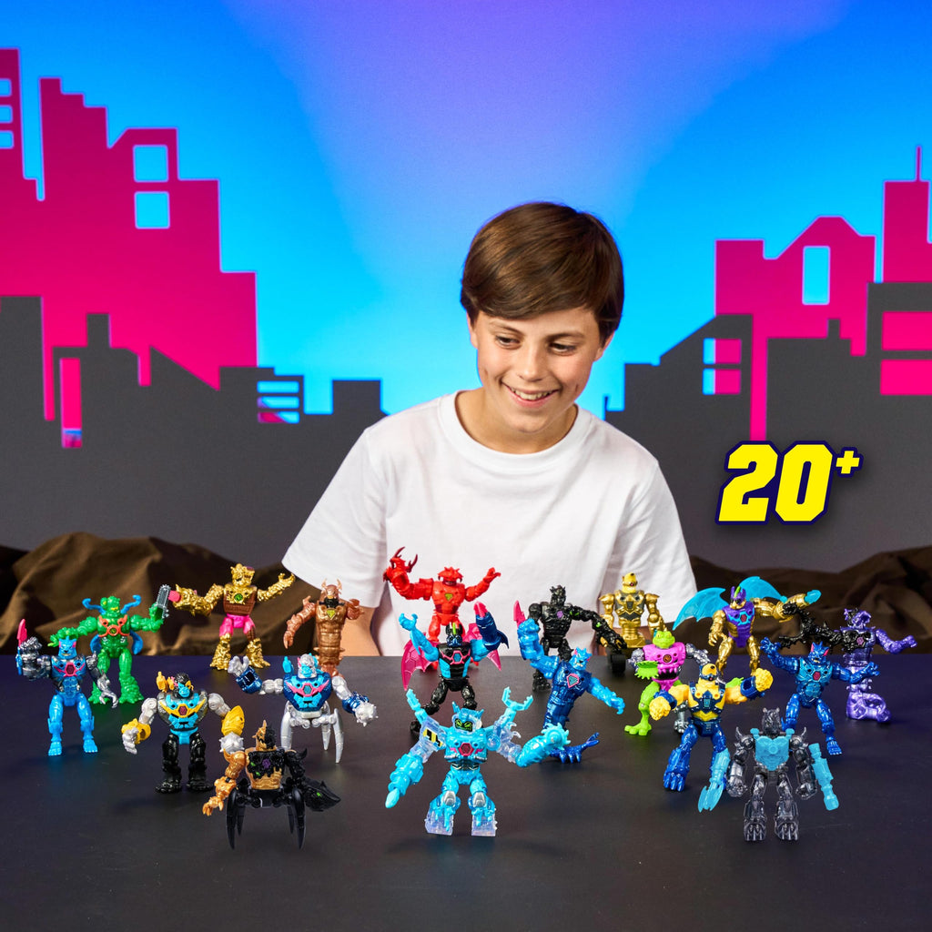 MrBeast Lab Hybrids Mega Pack, 4 Mix & Match Figures, 7 Accessories | 4-inch action figures with 10 points of articulation; crack the MrBeast Lab Containment Vessel to reveal MrBeast toys