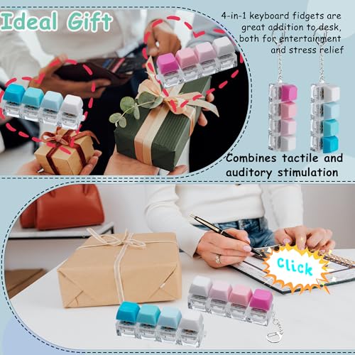 2 PCS Keyboard Fidget Toy, Keyboard Fidget Keychain 4-in-1 Keyboard Decompression Button Finger Clicker Toys (Blue Pink, General)