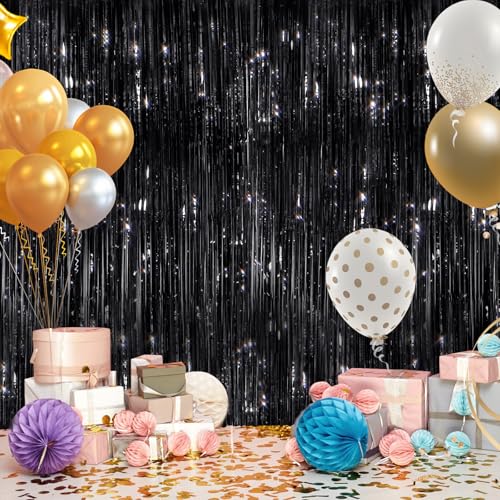 GCB 2Pack Black Metallic Tinsel Foil Fringe Curtain, Black Curtain Backdrop | Photo Booth Props for Birthday, Wedding, Graduation, Baby Shower Bachelorette Xmas Celebration Party Decors Door Streamers