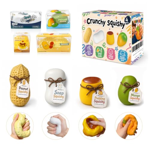 Tyarcox 4 Pack Crunchy Squishy Stress Ball, Mango Pudding Peanut & Soap Block Flake Filled ASMR Fidget, Moldable Sensory Squeeze Gift with Premium Box, Party Favors & Gifts