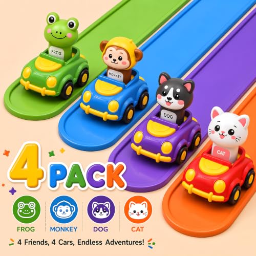 Press to Go Cars for Toddlers 1-3, 4-Pack Animal Toys for 1 Year Old Boy | 4-Pack Animal Cars, Push Go Baby Toys for 6-18 Months, Montessori Vehicle Set, First Birthday Gift for 1 Year Old Boy