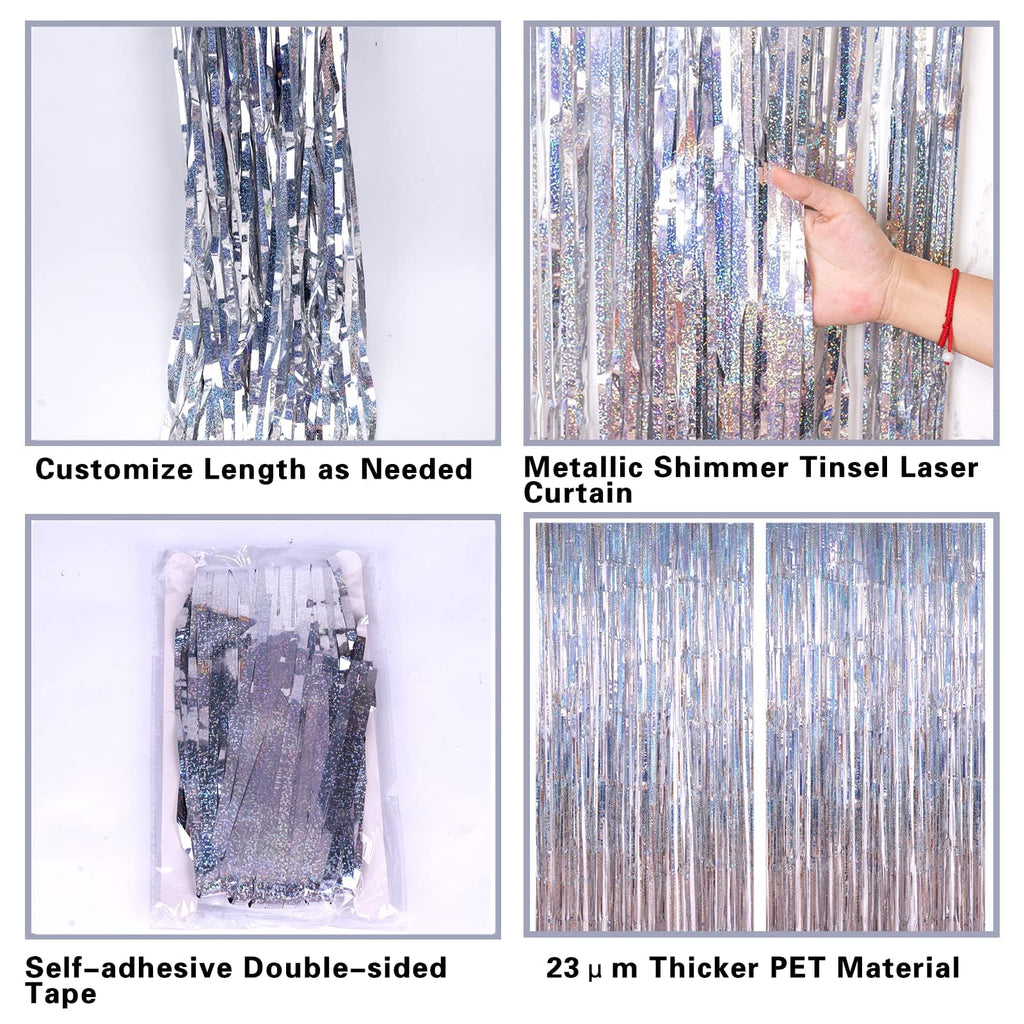 PIGETALE Glitter Silver Backdrop, 2 Pack 3.2 x 8.2 ft Fringe Curtains
