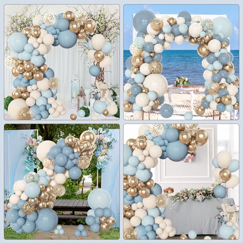 Amandir 153pcs Dusty Blue Balloon Garland Arch Kit Different Sizes | 18 12 10 5inch Blue White Sand Latex Metallic Confetti Gold Balloons Baptism Birthday Boho Shower Party Decoration Supplies