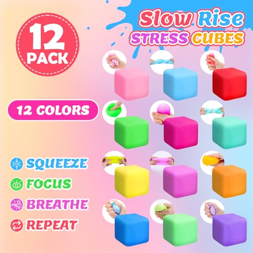 VISCOO 12 Pack Slow Rising Stress Cube, Stress Balls Fidget Squishy Toys | Squeeze Toy for Anxiety Relief, Pull Stretch Squishy Ball for Classroom Prize, Party Favors for Kids Adults
