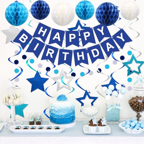 meowtastic Birthday Decorations Happy Birthday Banner with Honeycomb Balls | 16pcs Birthday Set: 1 Banner+6 Honeycomb Balls+8 Star Spirals+1 Circle Dots, Happy Birthday Decor - Blue