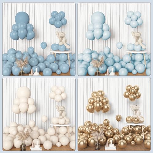 Amandir 153pcs Dusty Blue Balloon Garland Arch Kit Different Sizes | 18 12 10 5inch Blue White Sand Latex Metallic Confetti Gold Balloons Baptism Birthday Boho Shower Party Decoration Supplies