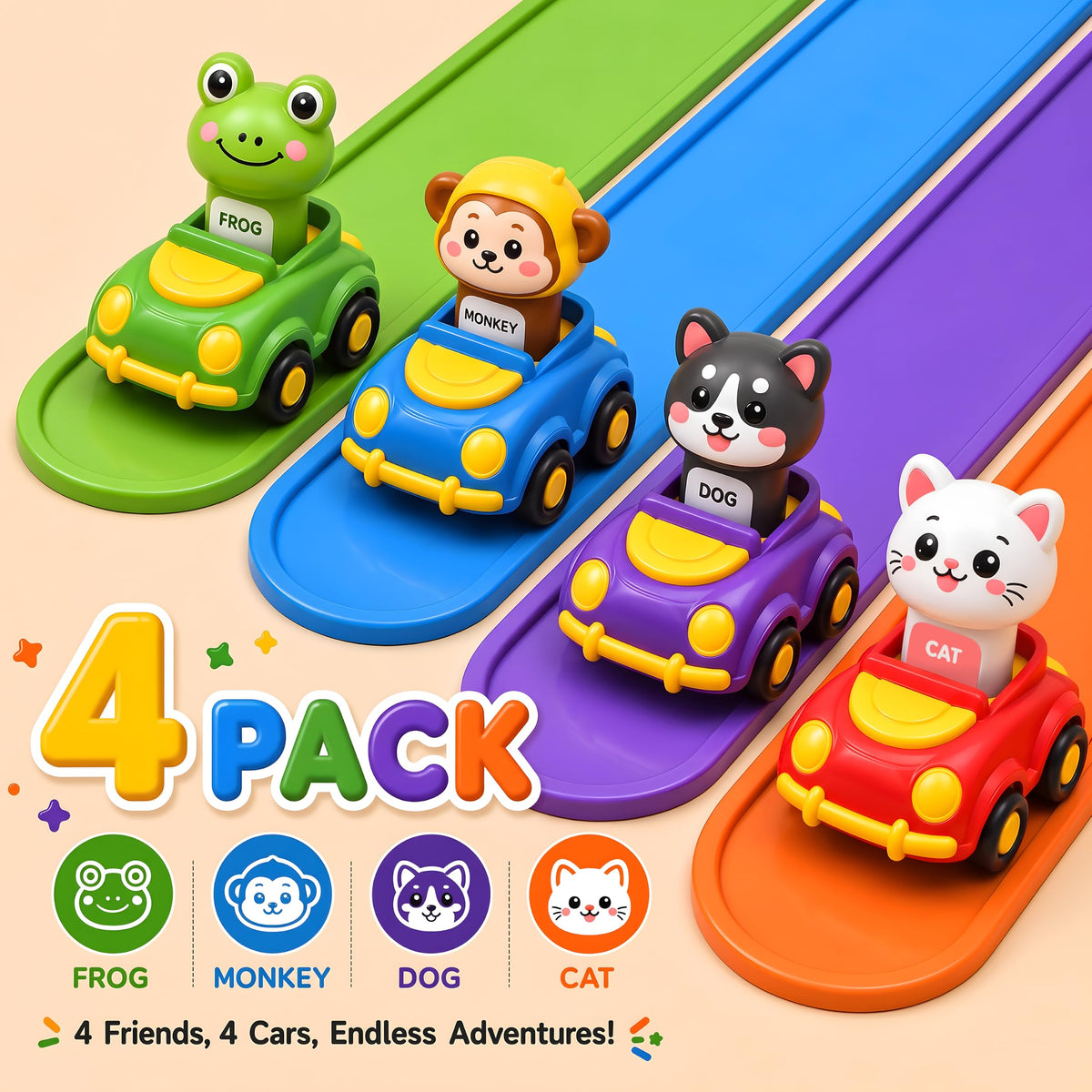 Press to Go Cars for Toddlers 1-3, 4-Pack Animal Toys for 1 Year Old Boy | 4-Pack Animal Cars, Push Go Baby Toys for 6-18 Months, Montessori Vehicle Set, First Birthday Gift for 1 Year Old Boy