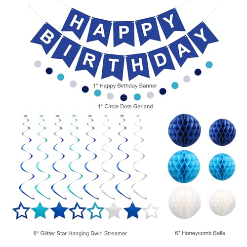 meowtastic Birthday Decorations Happy Birthday Banner with Honeycomb Balls | 16pcs Birthday Set: 1 Banner+6 Honeycomb Balls+8 Star Spirals+1 Circle Dots, Happy Birthday Decor - Blue