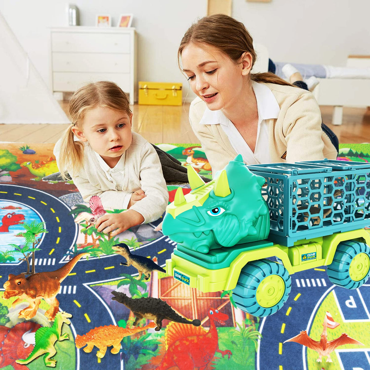 Dinosaur Truck Toys for Kids 3-5, Triceratops Car Toy with 15 Dino Figures,Large Activity Play Mat, Dinosaur Eggs, Dinosaur Play Set for Boys and Girls,Christmas Xmax,Stocking Stuffers