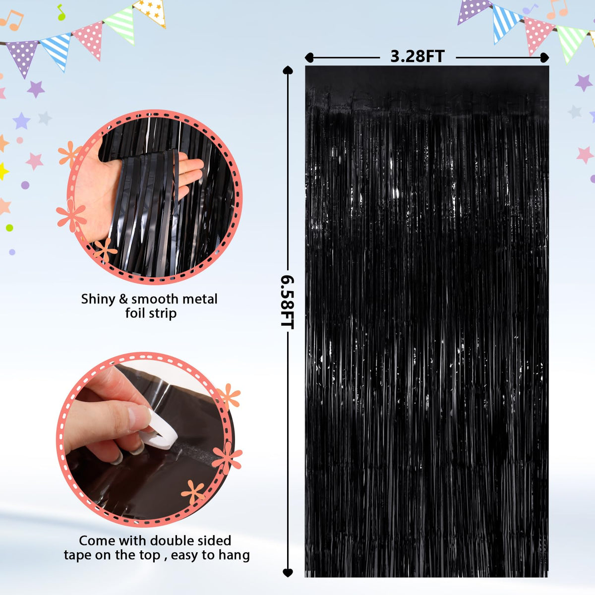 GCB 2Pack Black Metallic Tinsel Foil Fringe Curtain, Black Curtain Backdrop | Photo Booth Props for Birthday, Wedding, Graduation, Baby Shower Bachelorette Xmas Celebration Party Decors Door Streamers