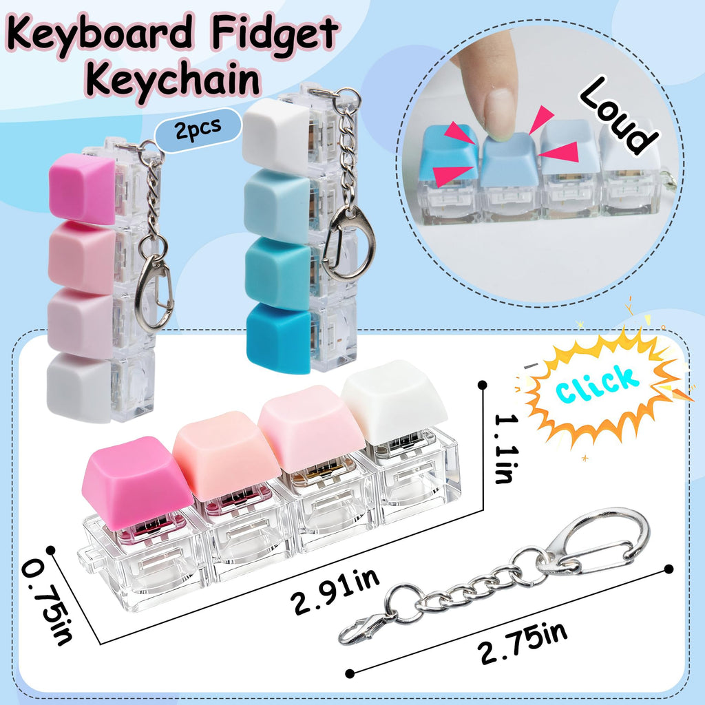 2 PCS Keyboard Fidget Toy, Keyboard Fidget Keychain 4-in-1 Keyboard Decompression Button Finger Clicker Toys (Blue Pink, General)