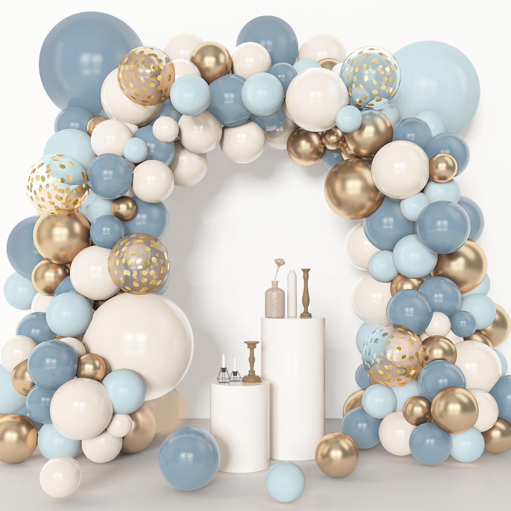 Amandir 153pcs Dusty Blue Balloon Garland Arch Kit Different Sizes | 18 12 10 5inch Blue White Sand Latex Metallic Confetti Gold Balloons Baptism Birthday Boho Shower Party Decoration Supplies