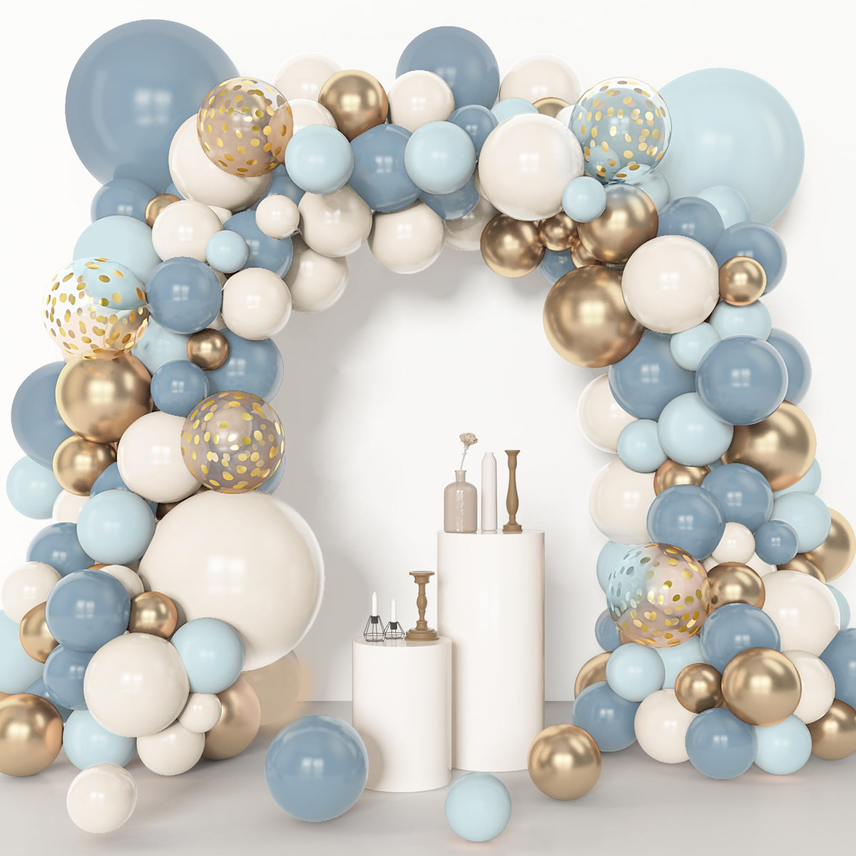 Amandir 153pcs Dusty Blue Balloon Garland Arch Kit Different Sizes | 18 12 10 5inch Blue White Sand Latex Metallic Confetti Gold Balloons Baptism Birthday Boho Shower Party Decoration Supplies