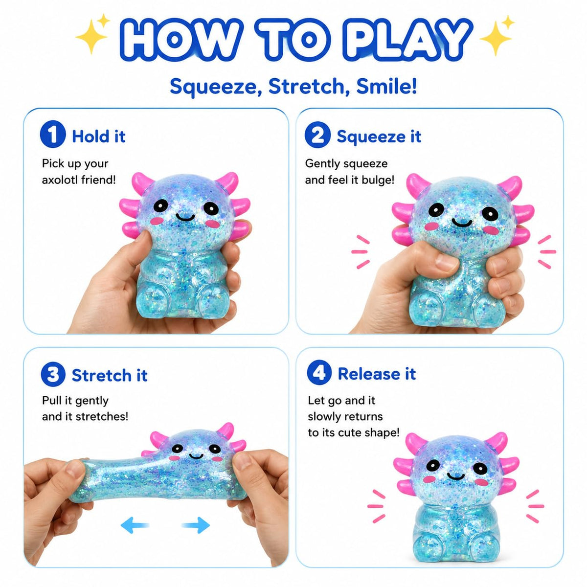 Tibberly Axolotl Squishy Stress Ball, Soft Slow Rising Sensory Toy | Cute soft axolotl squishy with a slow rising feel for squeezing, sensory play, relaxation, focus and everyday stress relief.