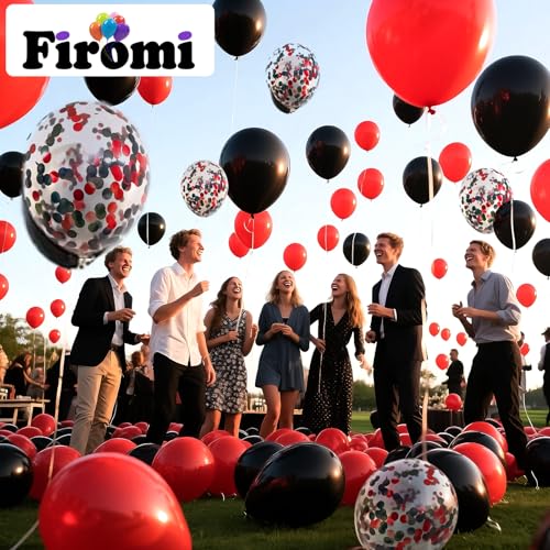 Firomi Red and Black Latex Balloons 12 Inch 70 pack Set (with 2 Ribbons) | Black and Red Confetti Balloons for Birthday Wedding Party