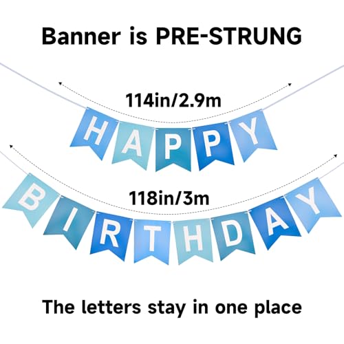 KINGLAKE GARDEN Happy Birthday Banner NO DIY Birthday Sign Blue | Pre-Strung Birthday Hanging Decoration for Women Men Girl Boy Party Supplies (Blue)