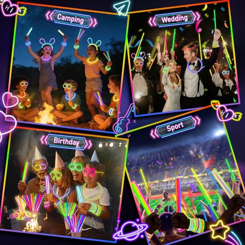 SHQDD 100 Glow Sticks Bulk Party Pack, 8” Neon Halloween Glow Sticks, DIY Glowsticks with Connectors Bracelets & Necklaces, Glow in the Dark Party Supplies for Kids, Adults, Parties