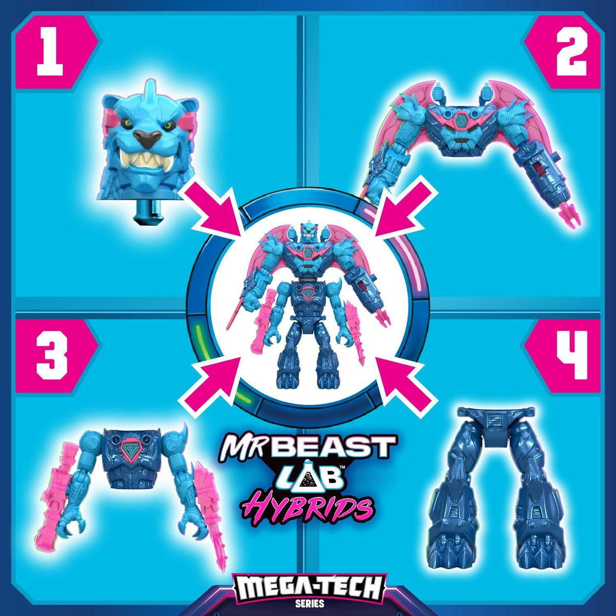 MrBeast Lab Hybrids Mega Pack, 4 Mix & Match Figures, 7 Accessories | 4-inch action figures with 10 points of articulation; crack the MrBeast Lab Containment Vessel to reveal MrBeast toys