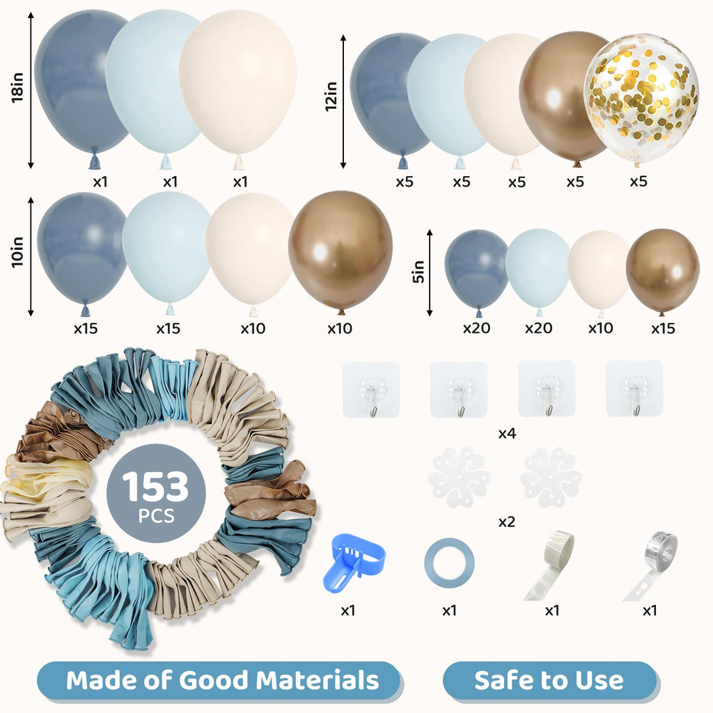 Amandir 153pcs Dusty Blue Balloon Garland Arch Kit Different Sizes | 18 12 10 5inch Blue White Sand Latex Metallic Confetti Gold Balloons Baptism Birthday Boho Shower Party Decoration Supplies
