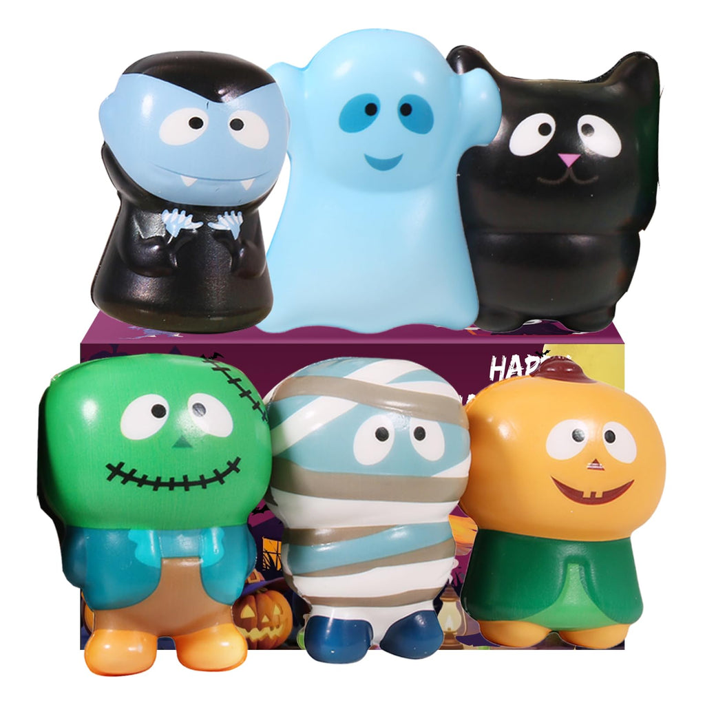 New 6 Packs-Halloween Squishies Toys Slow Rising, Gift Box Includes Ghost: Vampire,Pumpkin,Skull,Black Cat,Mummy,Bat, Halloween Soft Stress Relief Toys for Girls,Boys,Kids Party