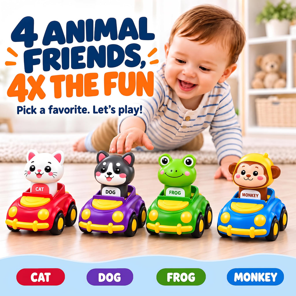 Press to Go Cars for Toddlers 1-3, 4-Pack Animal Toys for 1 Year Old Boy | 4-Pack Animal Cars, Push Go Baby Toys for 6-18 Months, Montessori Vehicle Set, First Birthday Gift for 1 Year Old Boy