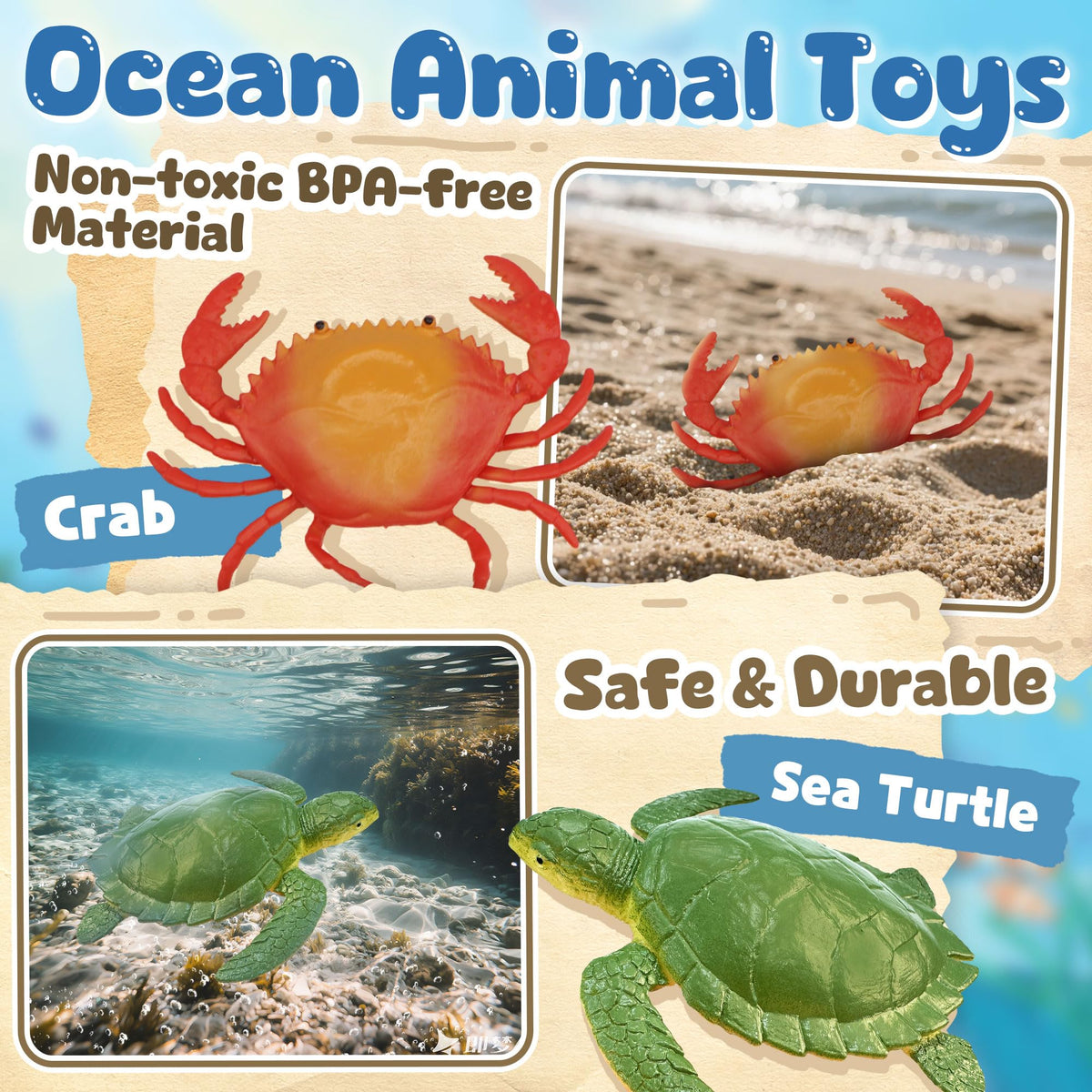 Beetots Ocean Sea Life Toy Figures Set for Kids, 12 PCS Realistic Marine Animals with Shark, Dolphin, Sea Turtle, Penguin, Seal, Clownfish, Crab, Ocean Animal Figure Toys for Boys Girls Toddlers