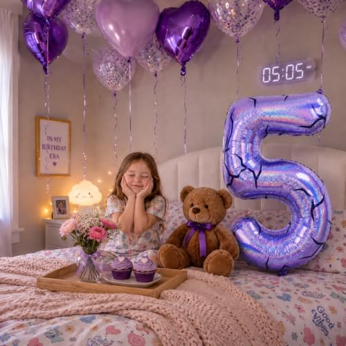 40'' Purple K-pop Number 5 Balloon for Girl 5th Birthday Party Decoration | Pastel Purple Number 5 Foil Balloon, Self Inflating, Girls Kid Birthday Party Anniversary Party K-pop Music Theme Party Decor