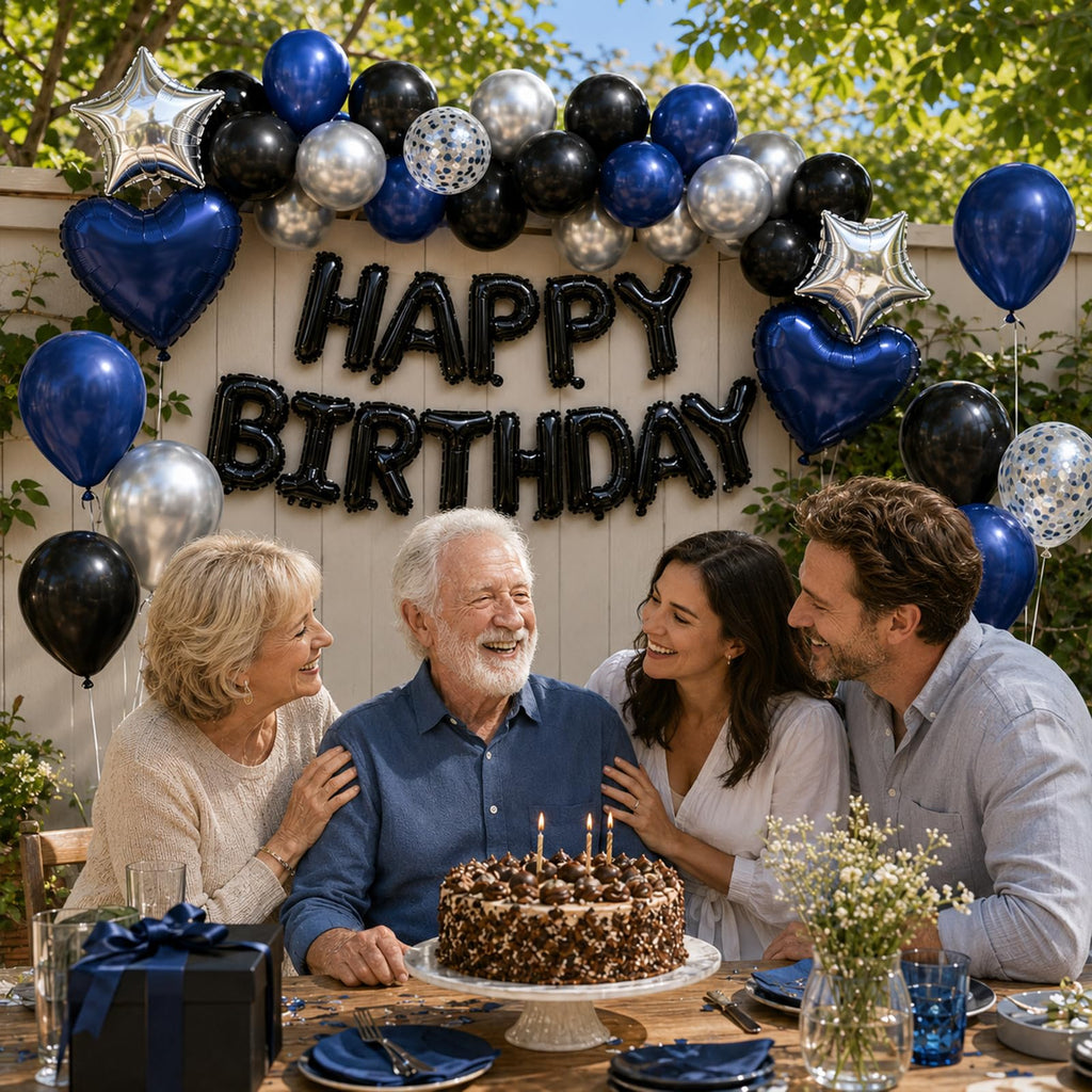 Navy Blue and Black Birthday Decorations for Men Happy Birthday Banner | Blue Black and Silver Confetti Balloons Happy Birthday Decorations for Men Boys Party Decor