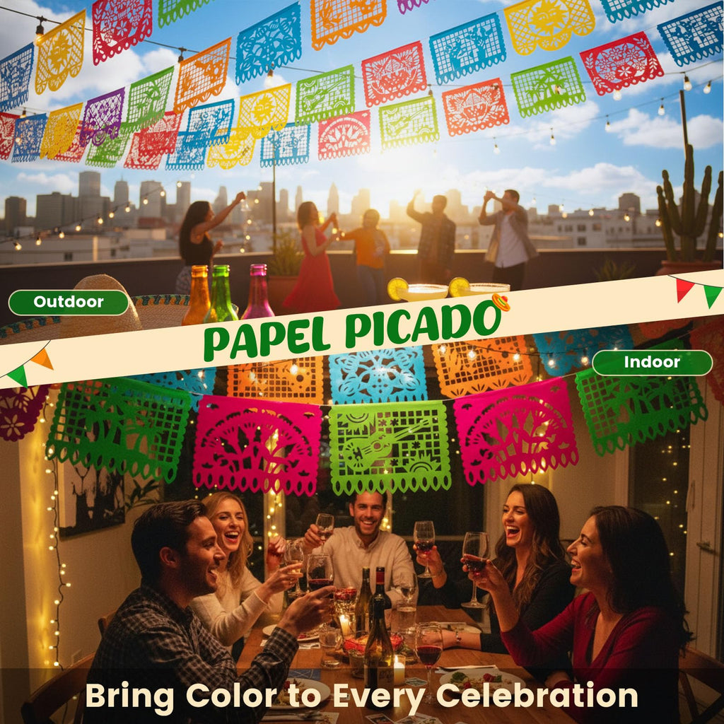 DOMESTAR Mexican Party Decoration, 18 FT Plastic Papel Picado Fiesta Banner | Day of the Dead Dia De Los Muertos Garland for Mexican, Birthday Fiesta Party Supplies, Cinco De Mayo Decoration