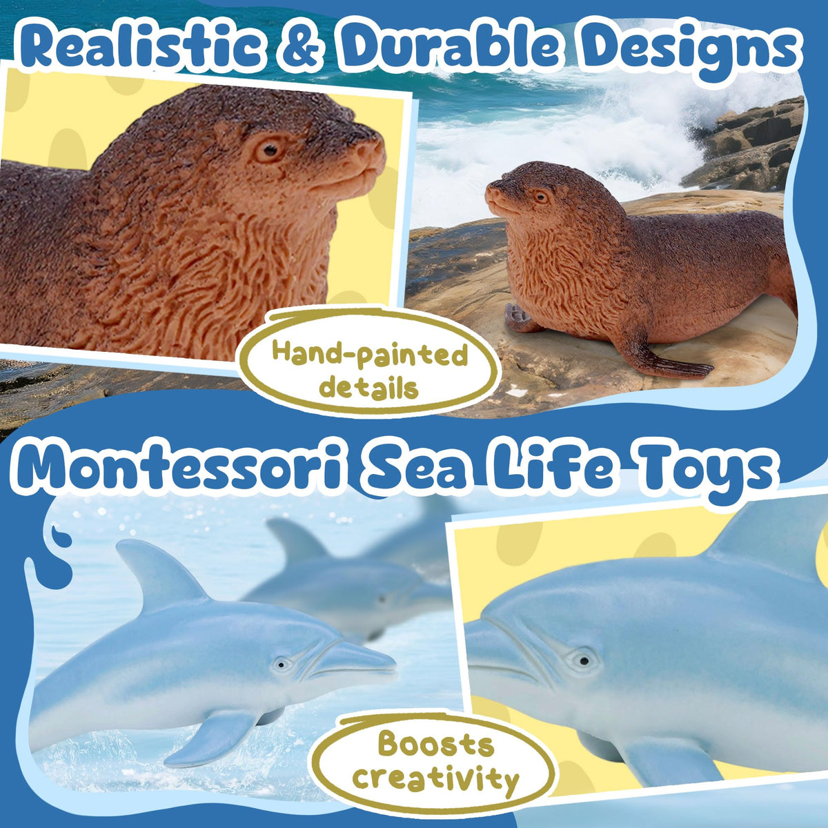 Beetots Ocean Sea Life Toy Figures Set for Kids, 12 PCS Realistic Marine Animals with Shark, Dolphin, Sea Turtle, Penguin, Seal, Clownfish, Crab, Ocean Animal Figure Toys for Boys Girls Toddlers