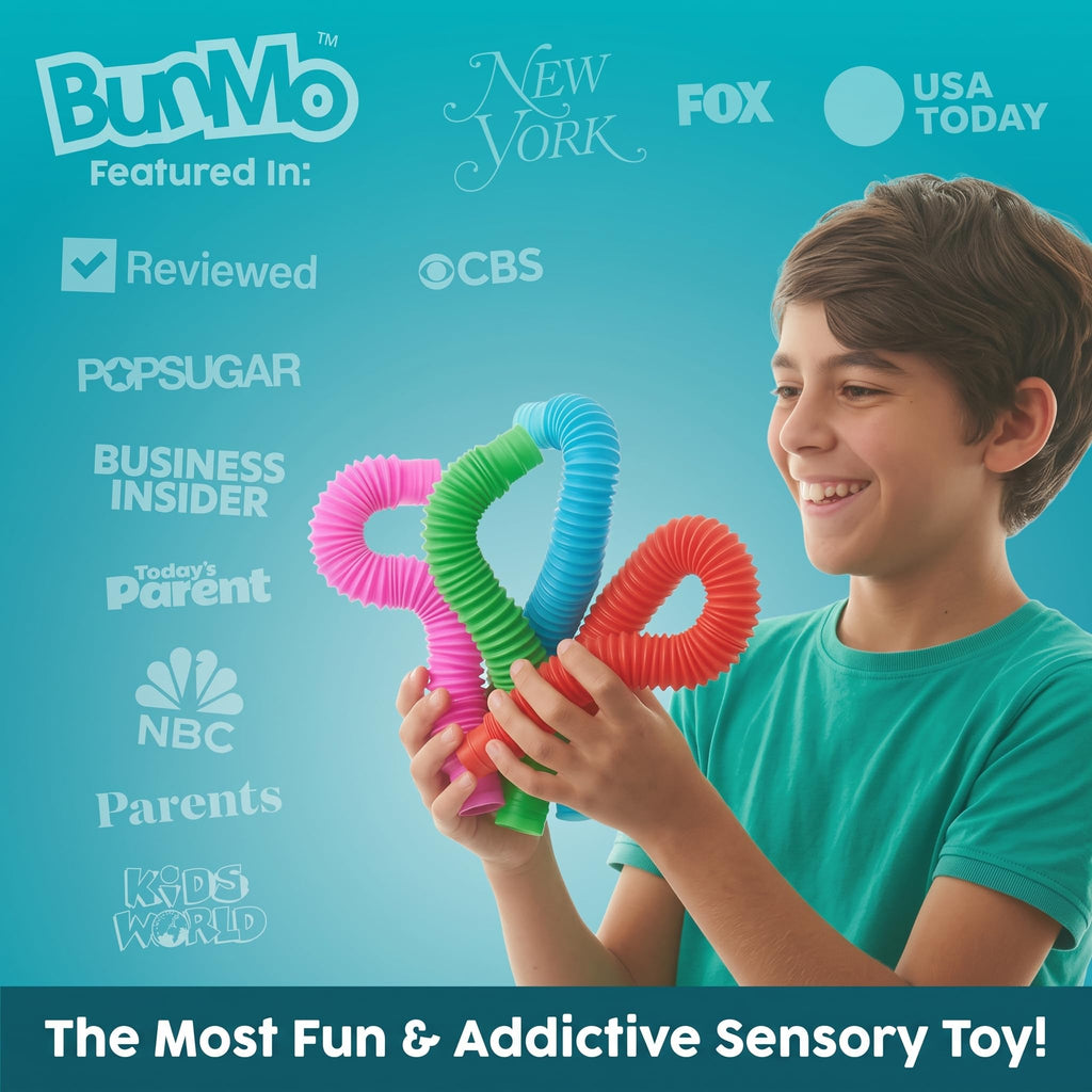 BUNMO Pop Tubes - Sensory Toys - Fidget Toys - Imaginative Play & Stimulating Creative Learning - Hours of Fun for Kids - Tons of Ways to Play - Non-Mouthable Toy 3+ - 4 Pack Large