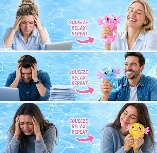 2PCS Axolotl Squishy Stress Relief Toy,Glitter Fidget Squishy Toys,Cute Axolotls Squeeze Toys, Fidget Toys for Adults,Party Favors (Blue+Pink Axolotl)